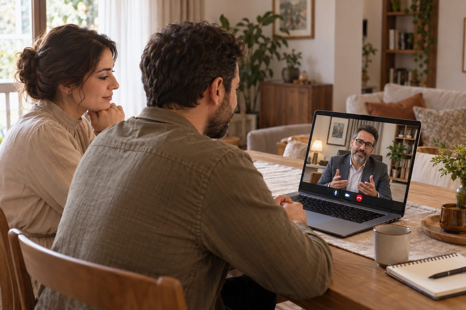 Laptop ekranındaki erkek danışmanla evlerinden görüntülü görüşen çift